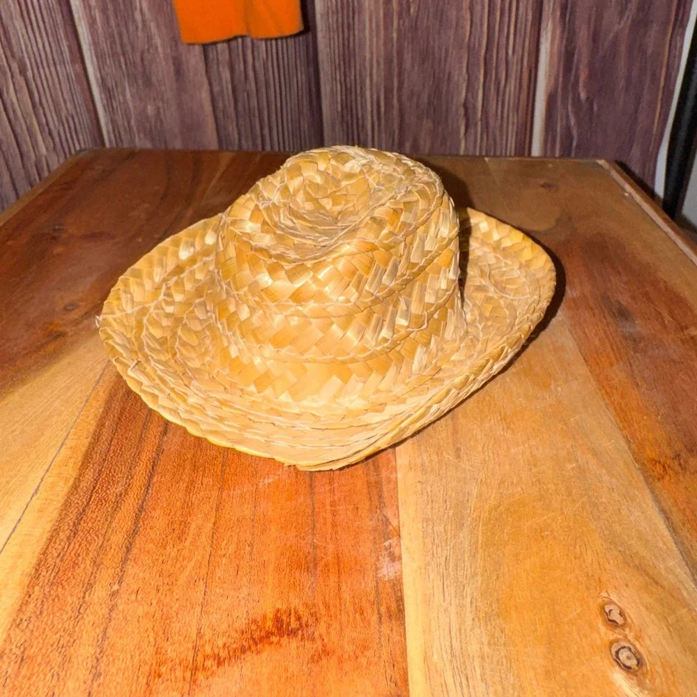 Miniature Straw Cowboy Hat Set of 2 Tan Western Doll Pet Accessory 5.25 Inch